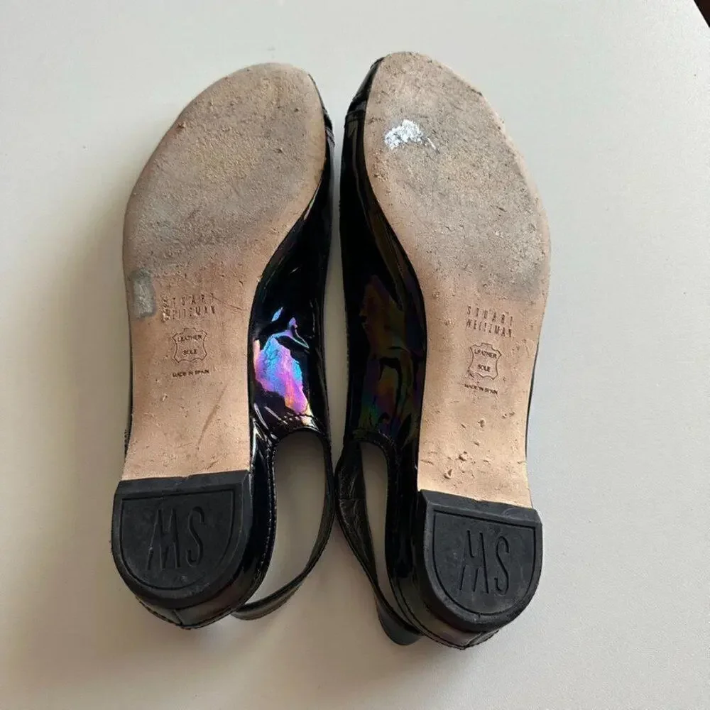 Stuart Weitzman Patent Leather Sling Back Flats Women's 8 Black‎ Petrol Patent
